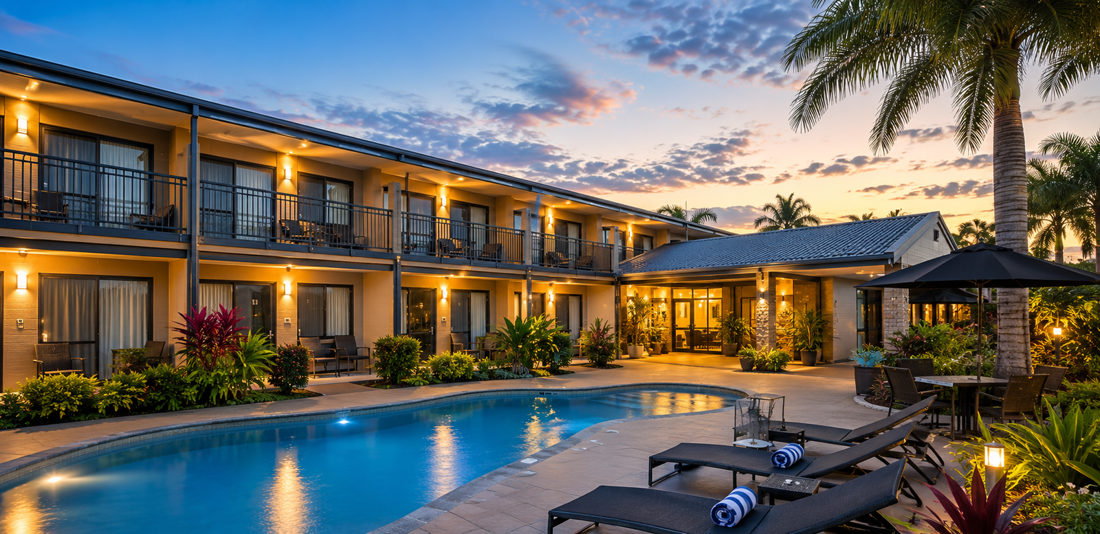 Independent motel and pool courtyard lit at dusk